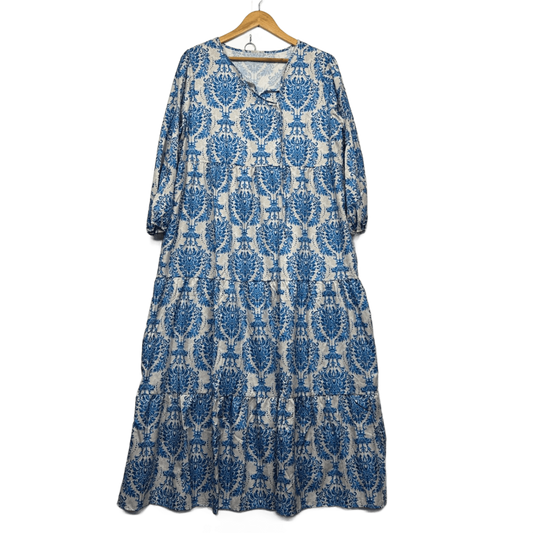 New Boho Blue White Long Sleeve Women Casual Maxi Dress Size 2XL 18