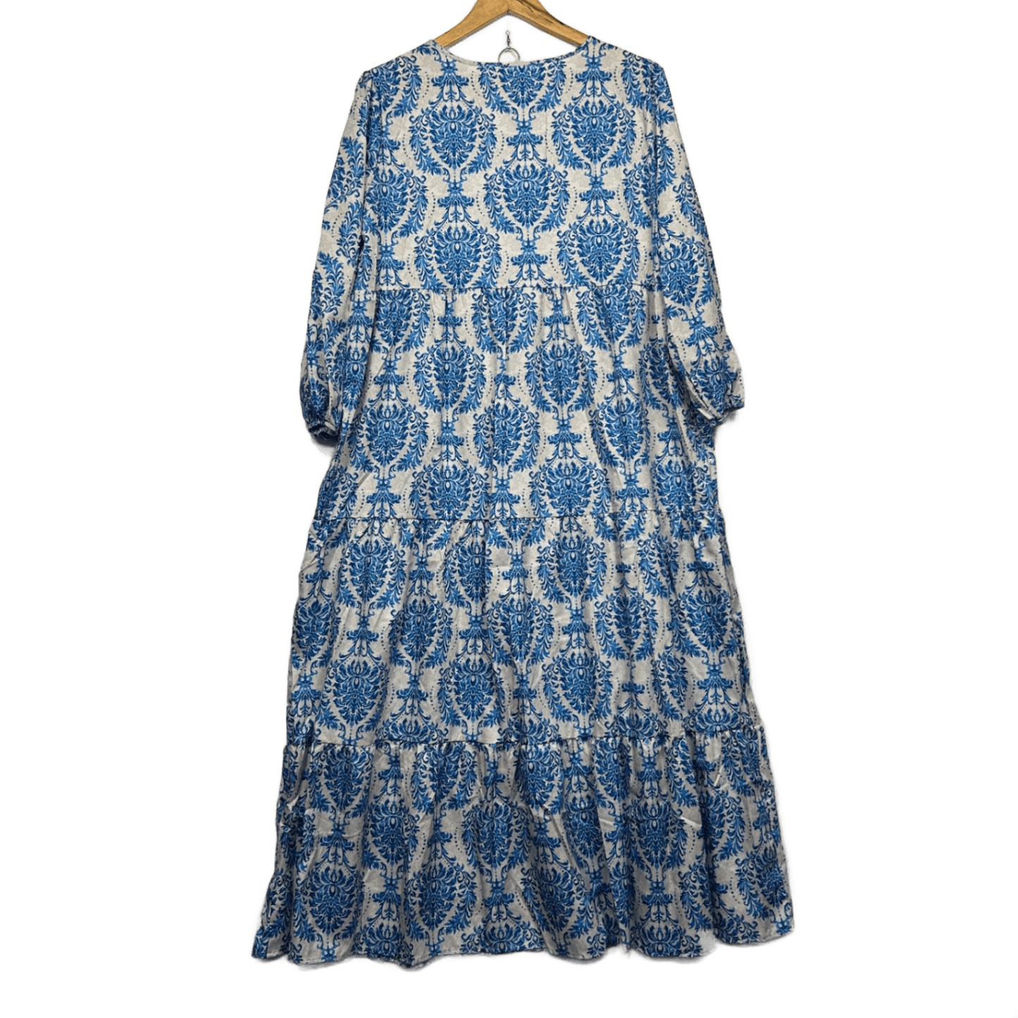 New Boho Blue White Long Sleeve Women Casual Maxi Dress Size 2XL 18