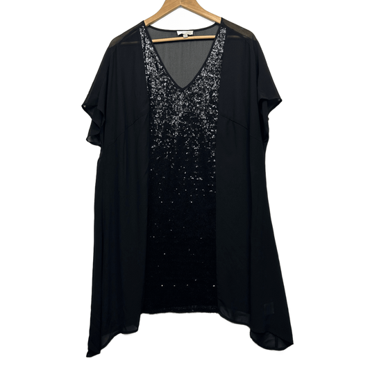 Autograph Black Short Sleeve Sequins Kaftan Tunic Top Evening Blouse Size 18 Sheer