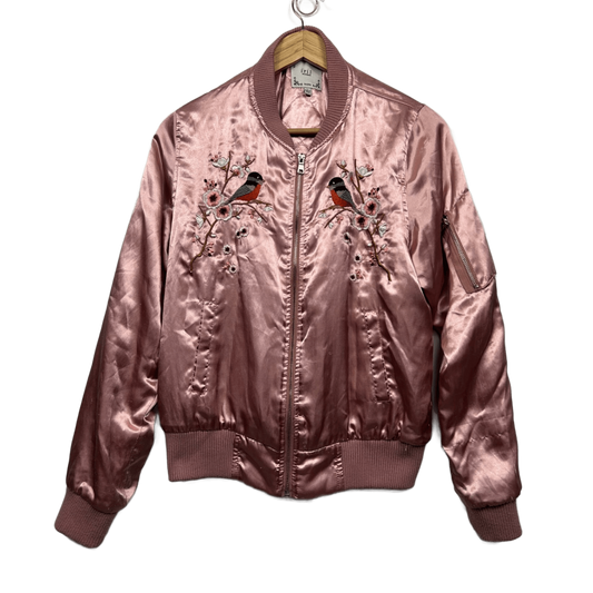 Iris Los Angeles Pink Satin Embroidered Bird Floral Bomber Jacket Size Large 12/14