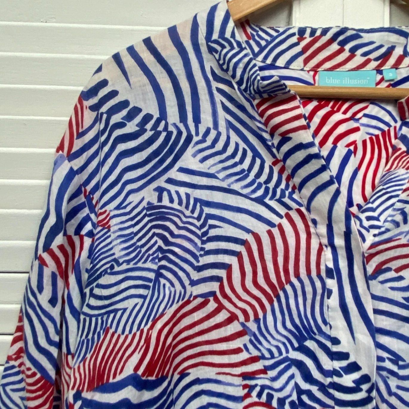 Blue Illusion Blouse Size 18 20 Multicolour Long Sleeve Button Up Top Ramie Linen