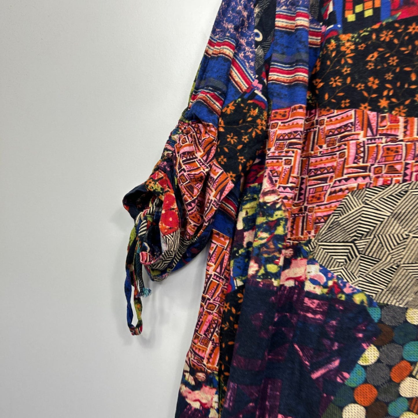 Hourglass Tunic Top Size 14 16 Multicoloured Linen Blend Ruched Sleeve Pockets Patchwork