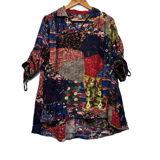 Hourglass Tunic Top Size 14 16 Multicoloured Linen Blend Ruched Sleeve Pockets Patchwork