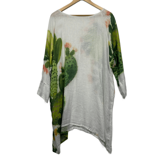 Banana Blue Linen Tunic Top Size 12 14 Oversized Cactus White Long Sleeve Made in Australia