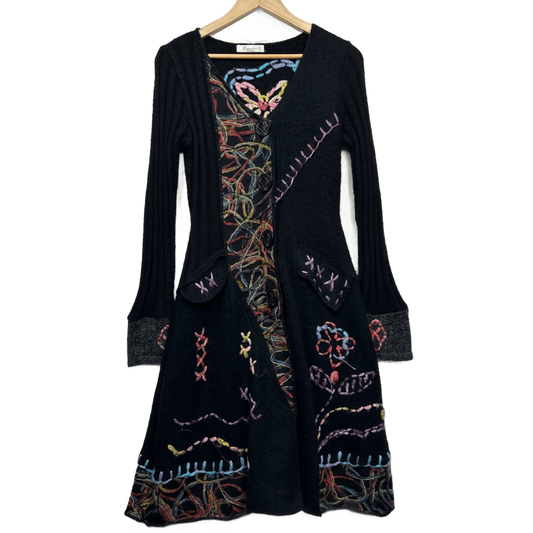 Boho Wool Blend Longline Cardigan or Jumper Dress Size 12 14 Midi Length Embroidered