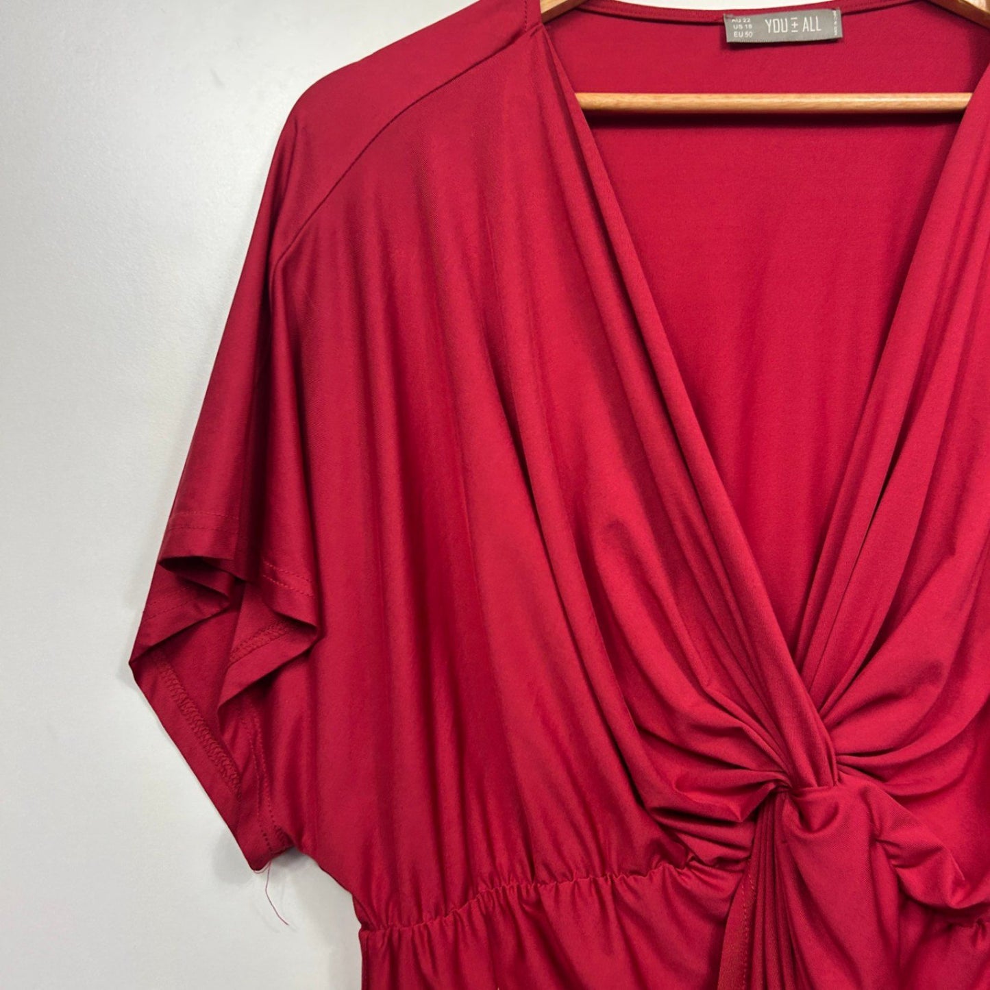 YOU+ALL Red Short Sleeve V Neck Front Twist Top Blouse Size 22