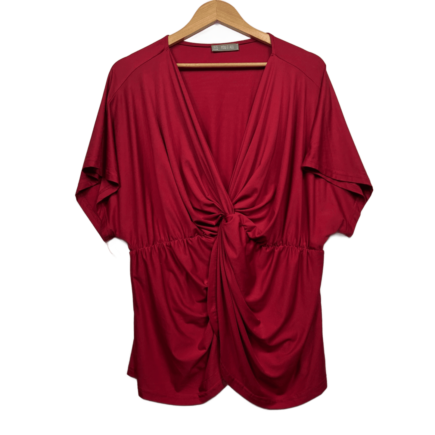 YOU+ALL Red Short Sleeve V Neck Front Twist Top Blouse Size 22