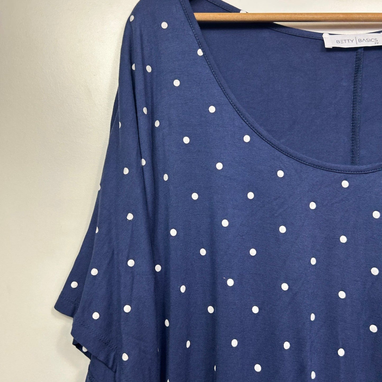 Betty Basics Navy Blue Viscose Short Sleeve Dots Batwing Top Size 22