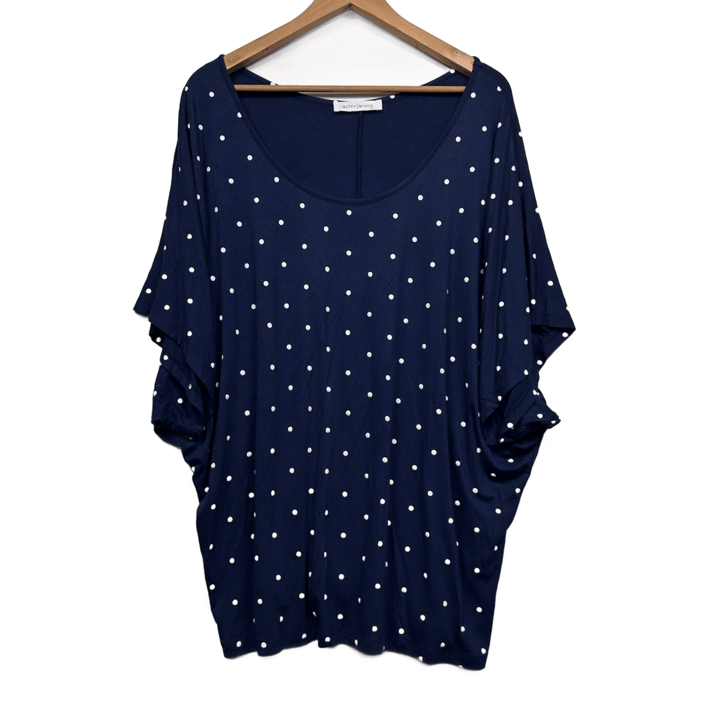 Betty Basics Navy Blue Viscose Short Sleeve Dots Batwing Top Size 22