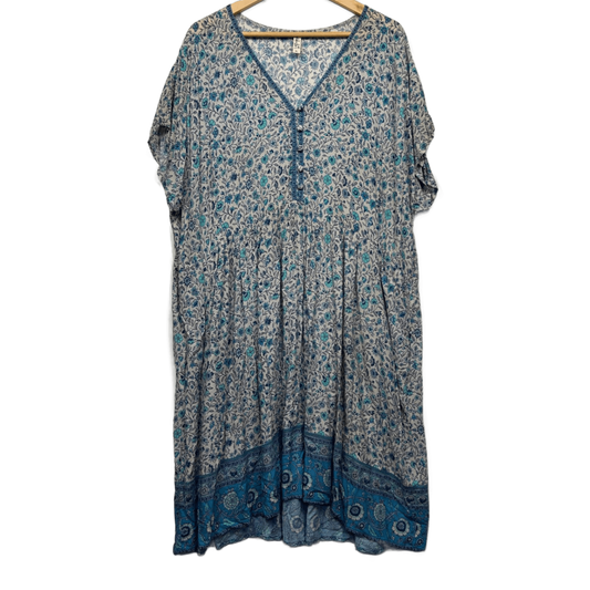 Ada & Lou Maxi Boho Dress Size 22 XL Plus Blue Floral Midi Length Rayon Pockets