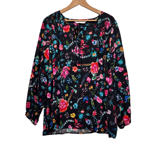 Virtuelle Top Blouse Size 16 Plus Multicoloured Black Floral Long Sleeve Viscose
