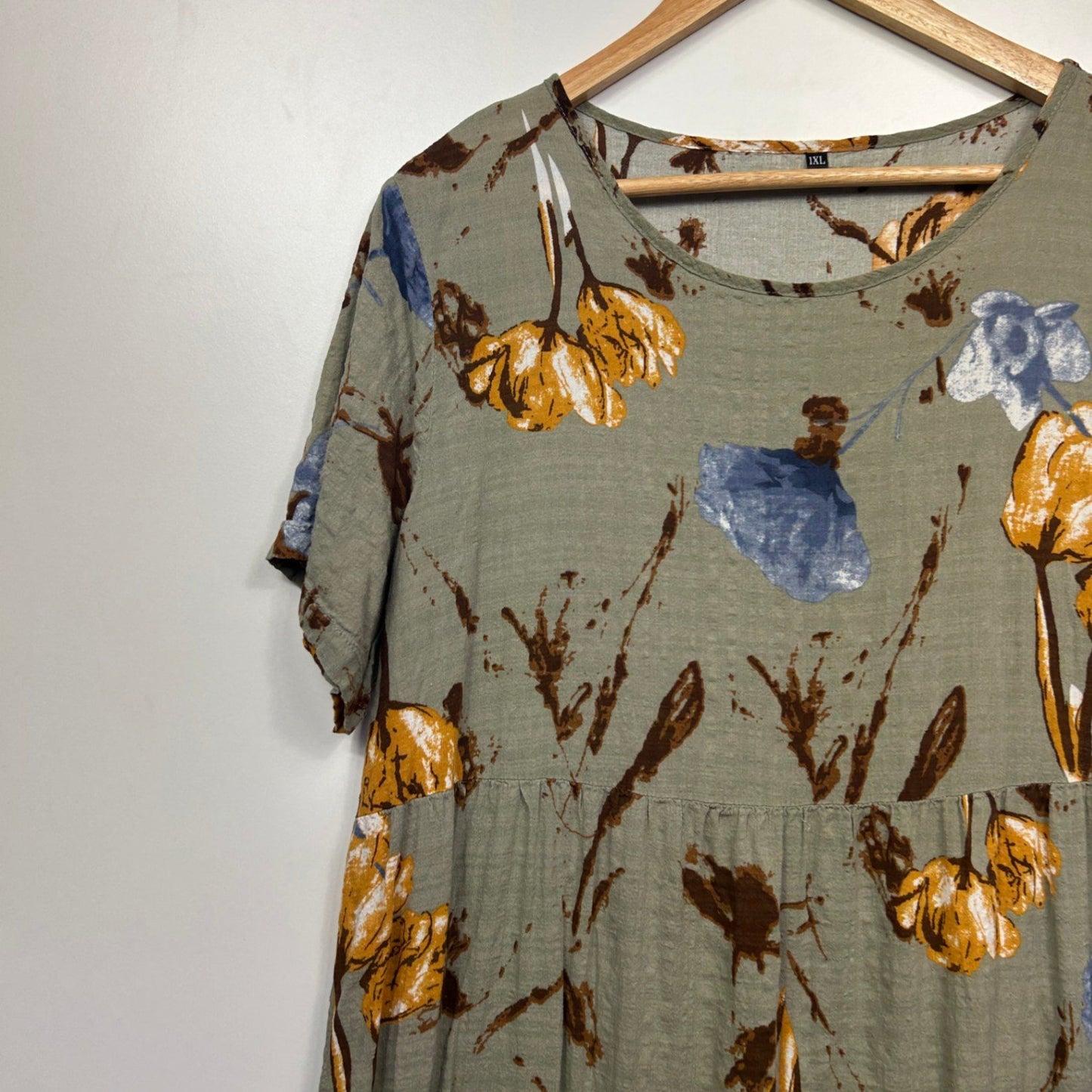 Olive Green Floral Maxi Dress Size 18 20 Short Sleeve Midi Length Rayon?