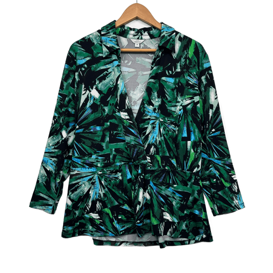 Jane Lamerton Top Size 18 Green Floral Long Sleeve Collared V Neck
