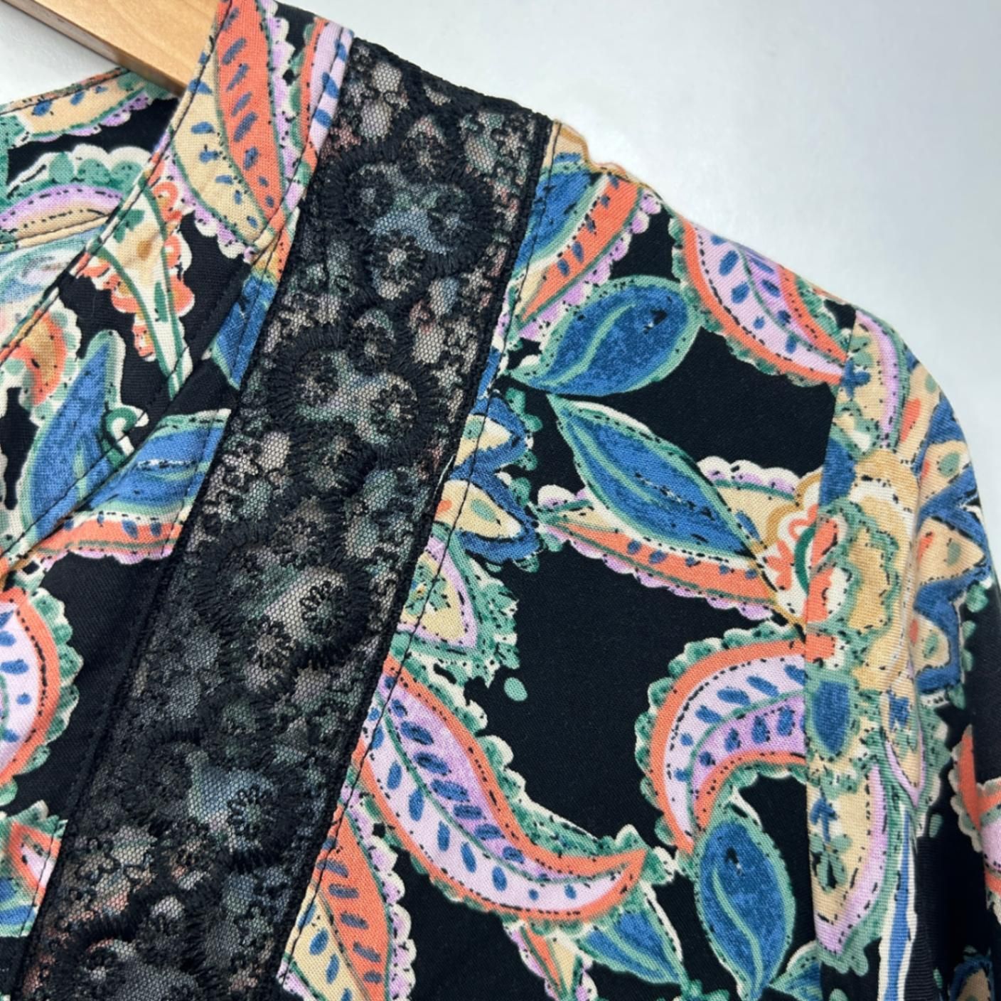 New Rockmans Top Long Sleeve Blouse Multicoloured Crochet Trim Boho Size 16