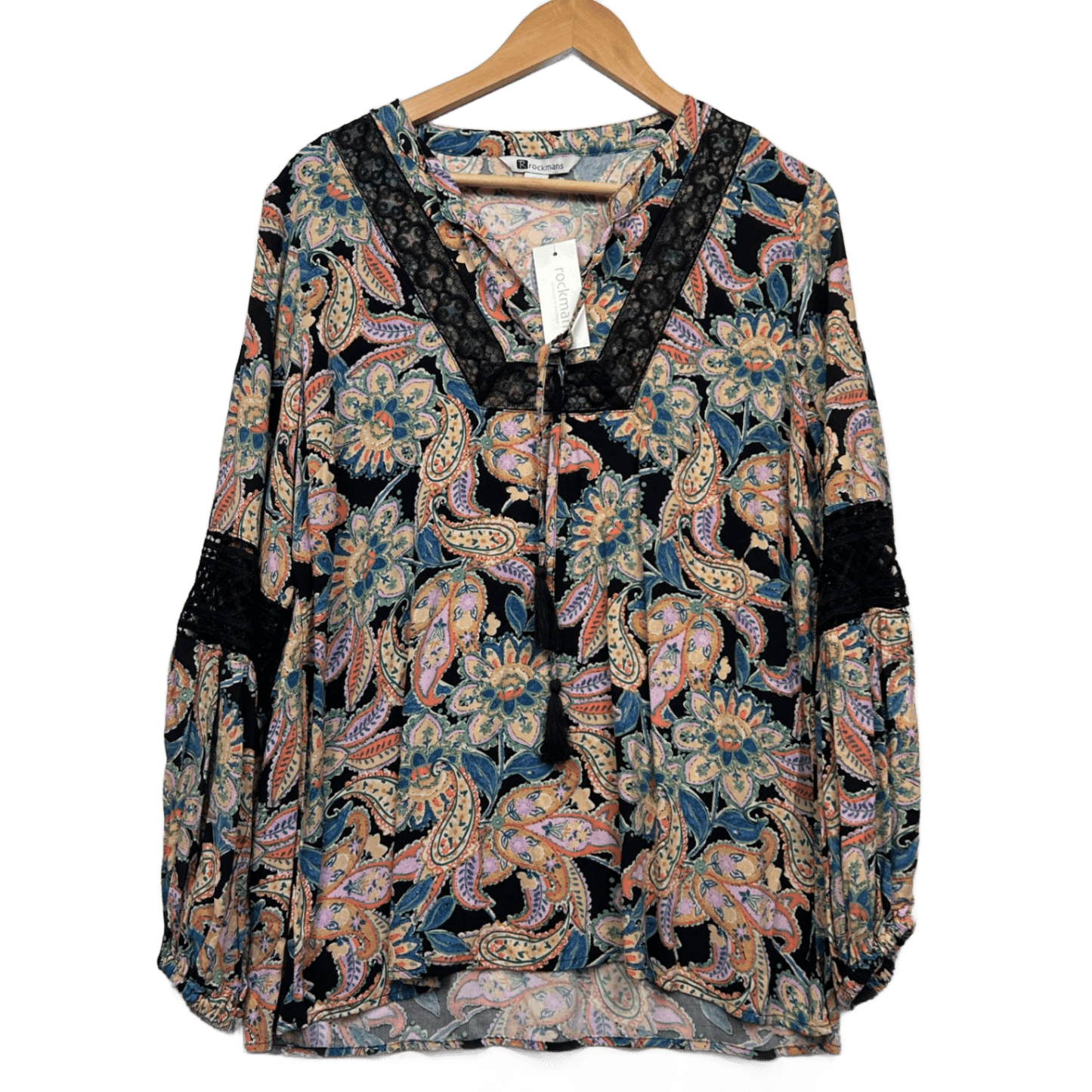 New Rockmans Top Long Sleeve Blouse Multicoloured Crochet Trim Boho Size 16