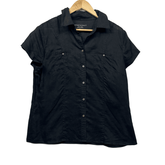 Sportscraft Black Linen Short Sleeve Collared Top Blouse Size 14
