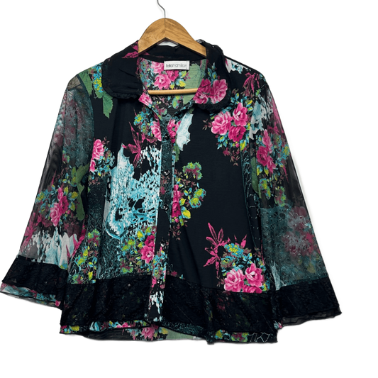 Fella Hamilton Button Up Top Size 14 Large Floral Multicoloured Long Sleeve