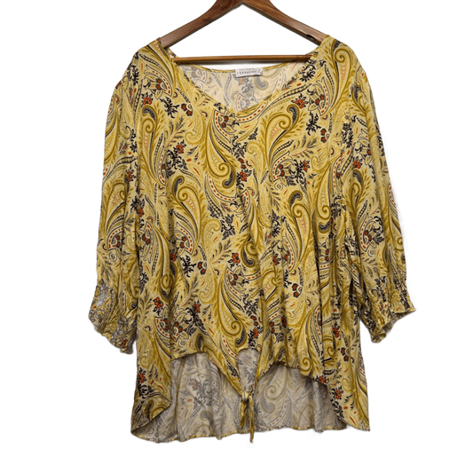 Retrology Blouse Top Size 24 26 Yellow Floral Boho  Paisley Print Front Tie Rayon