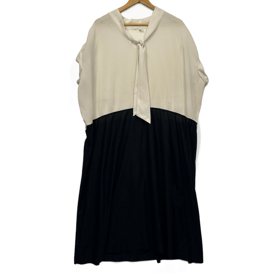 Vintage Black Cream Shift Dress Neck Tie Pleated Short Sleeve Size 14 16?