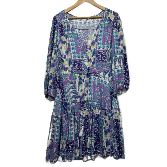 Rockmans Boho Dress Size 16 Long Sleeve Midi Length Floral Patchwork Print