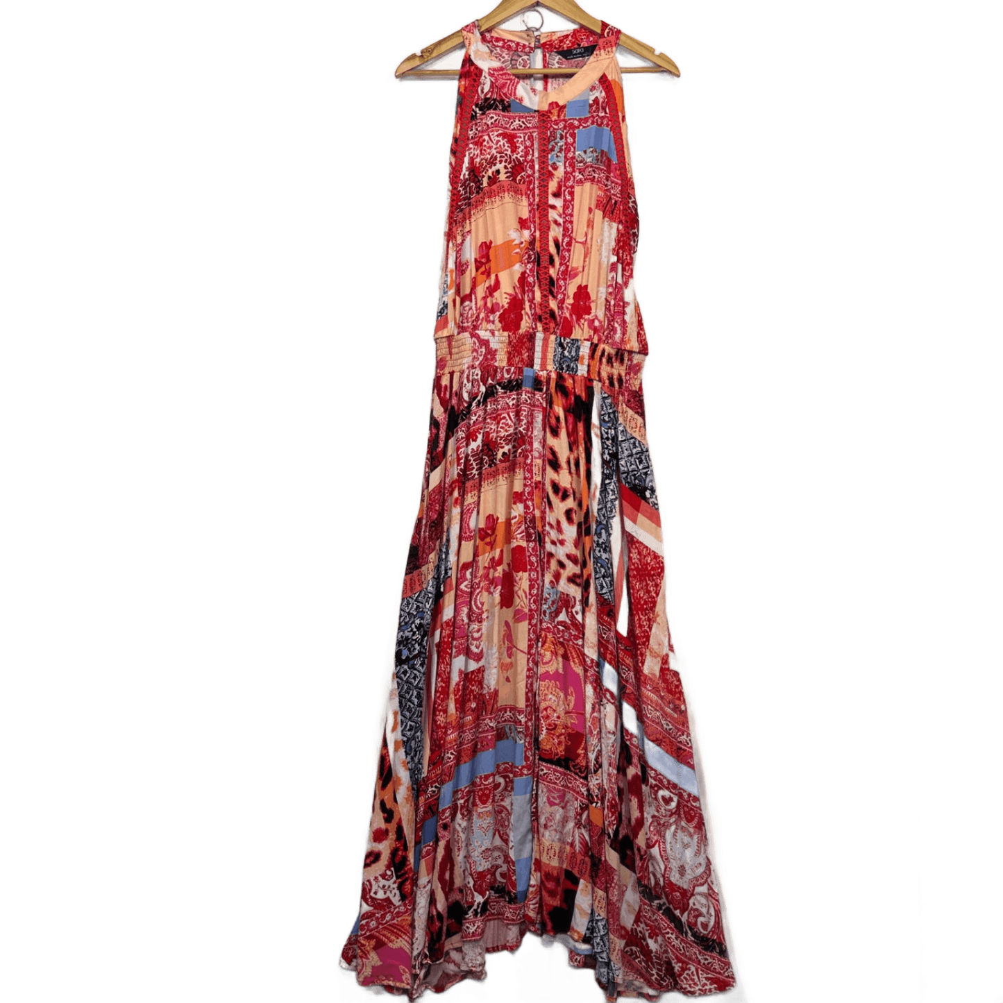 New Sara Maxi Dress Size 14 Sleeveless Halter Neck Crochet Trim Multicoloured Paisley Print