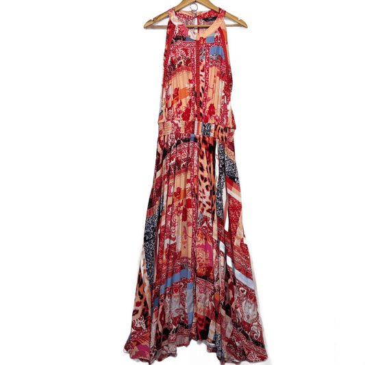 New Sara Maxi Dress Size 14 Sleeveless Halter Neck Crochet Trim Multicoloured Paisley Print