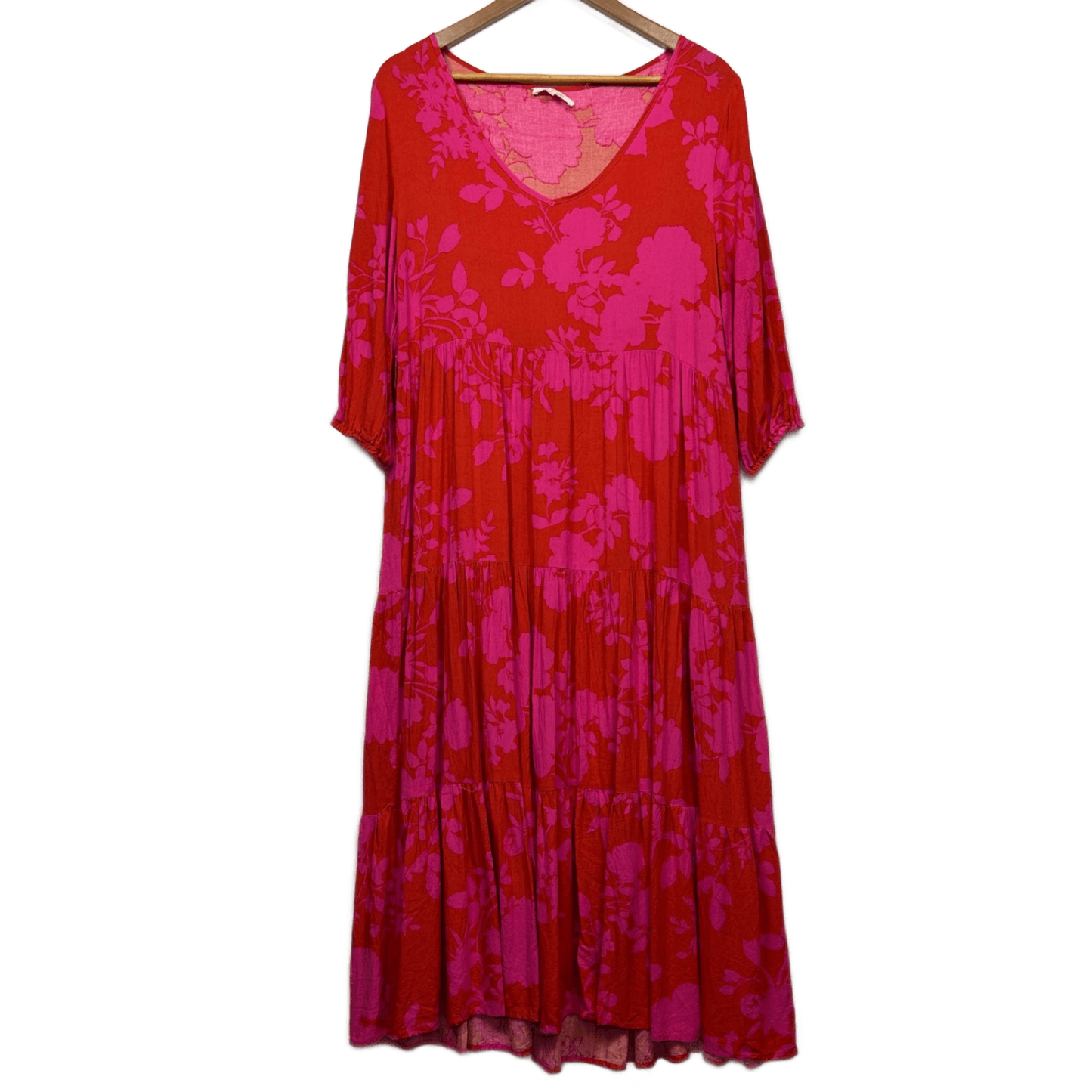 Label of Love Maxi Dress Size 14 Large Pink Red Long Sleeve Floral Long Length Rayon