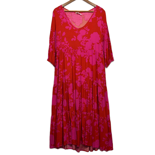 Label of Love Maxi Dress Size 14 Large Pink Red Long Sleeve Floral Long Length Rayon