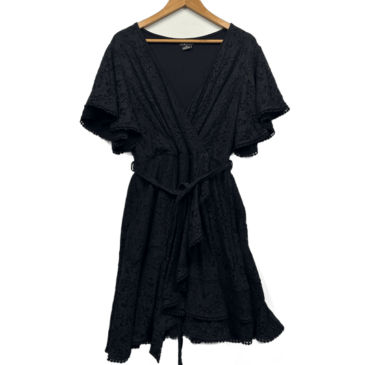 City Chic Faux Wrap Size 18 Plus Black Lace Overlay Cocktail Belted V Neck