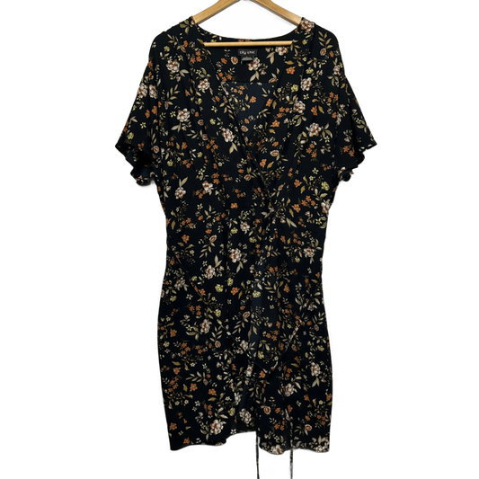 City Chic Faux Wrap Dress Size 20 Large Plus Black Floral Short Sleeve Midi