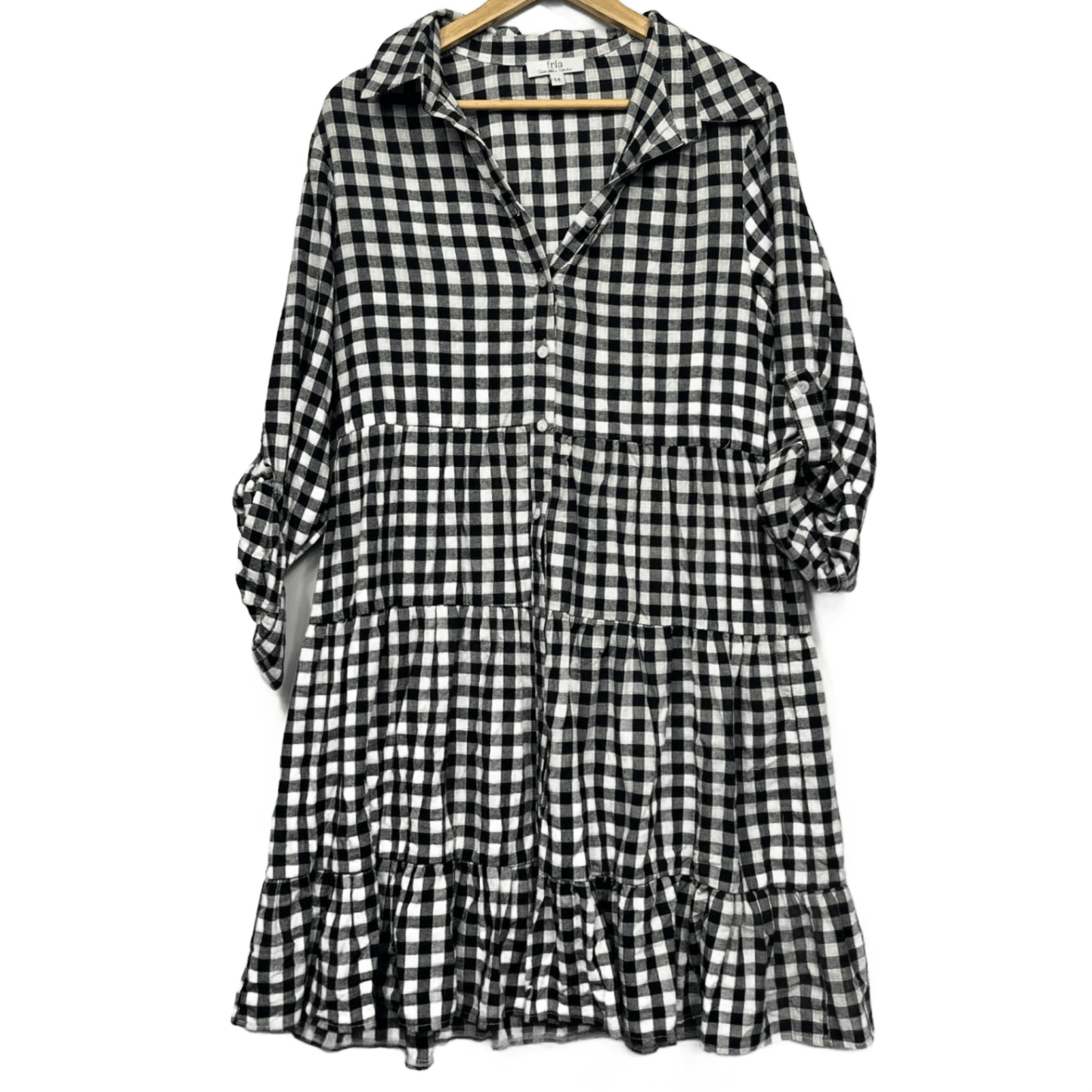 Silver Wishes Linen Blend Gingham Check Shirt Shift Dress Size 14 Black & White