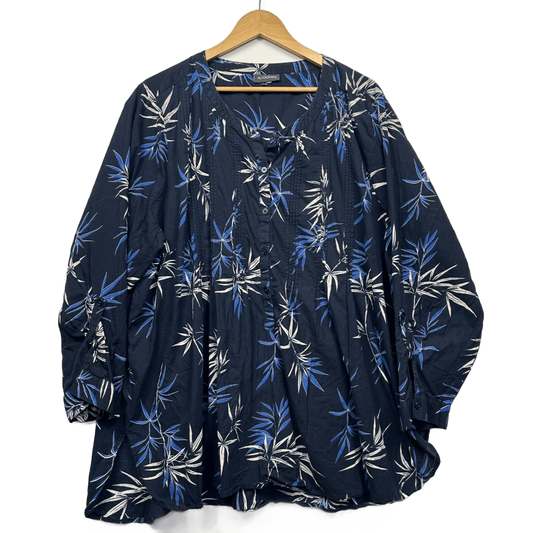 Autograph Top Blouse Size 24 26 Blue Long Sleeve Floral Button Up Roll Tab Sleeve Pleated
