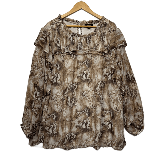 Beme Blouse Top Size 26 Brown Long Sleeve Snakeskin Print