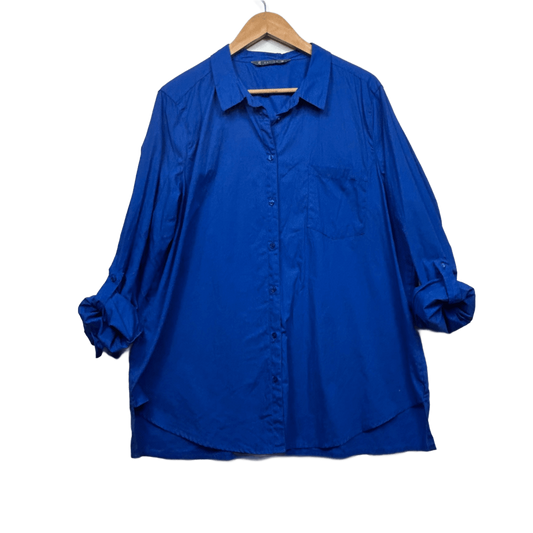 Katies Top Shirt Size 18 Blue Button Up Roll Tab Sleeve Cotton