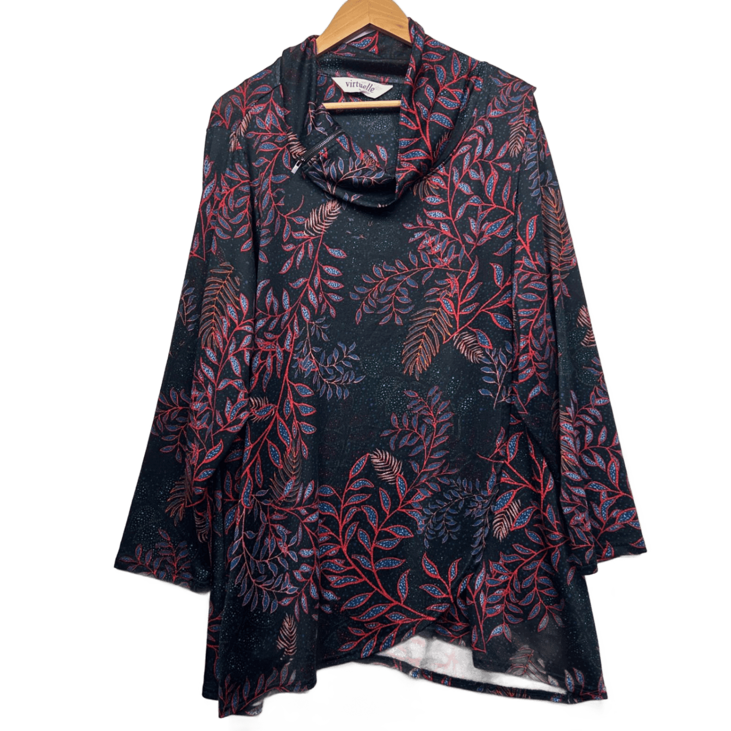 Virtuelle Tunic Top Size 22 24 Long Sleeve Black Floral Cowl Neck