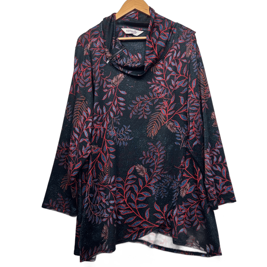 Virtuelle Tunic Top Size 22 24 Long Sleeve Black Floral Cowl Neck