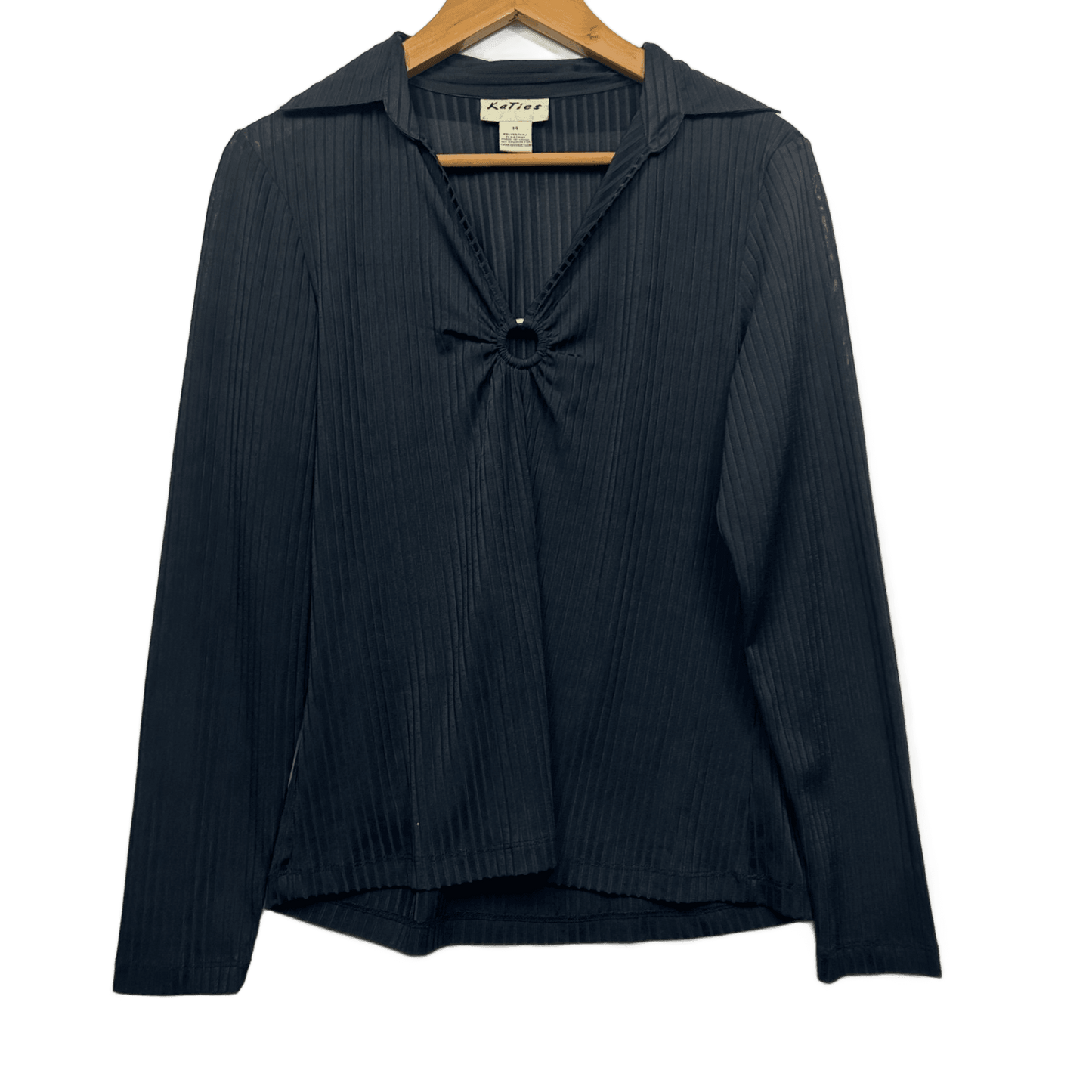 Vintage Katies Long Sleeve Top Size 14 Black Y2K Ribbed Collared