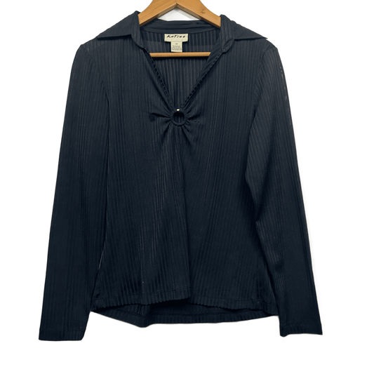 Vintage Katies Long Sleeve Top Size 14 Black Y2K Ribbed Collared