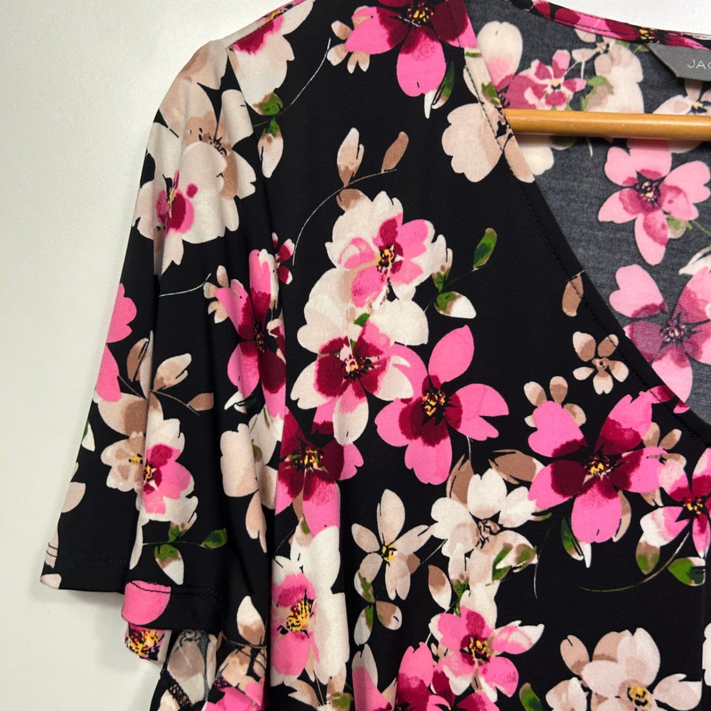 Jacqui E Dress Size 16 XL Fit and Flare Midi Length Floral Multicoloured Stretch Black Pink