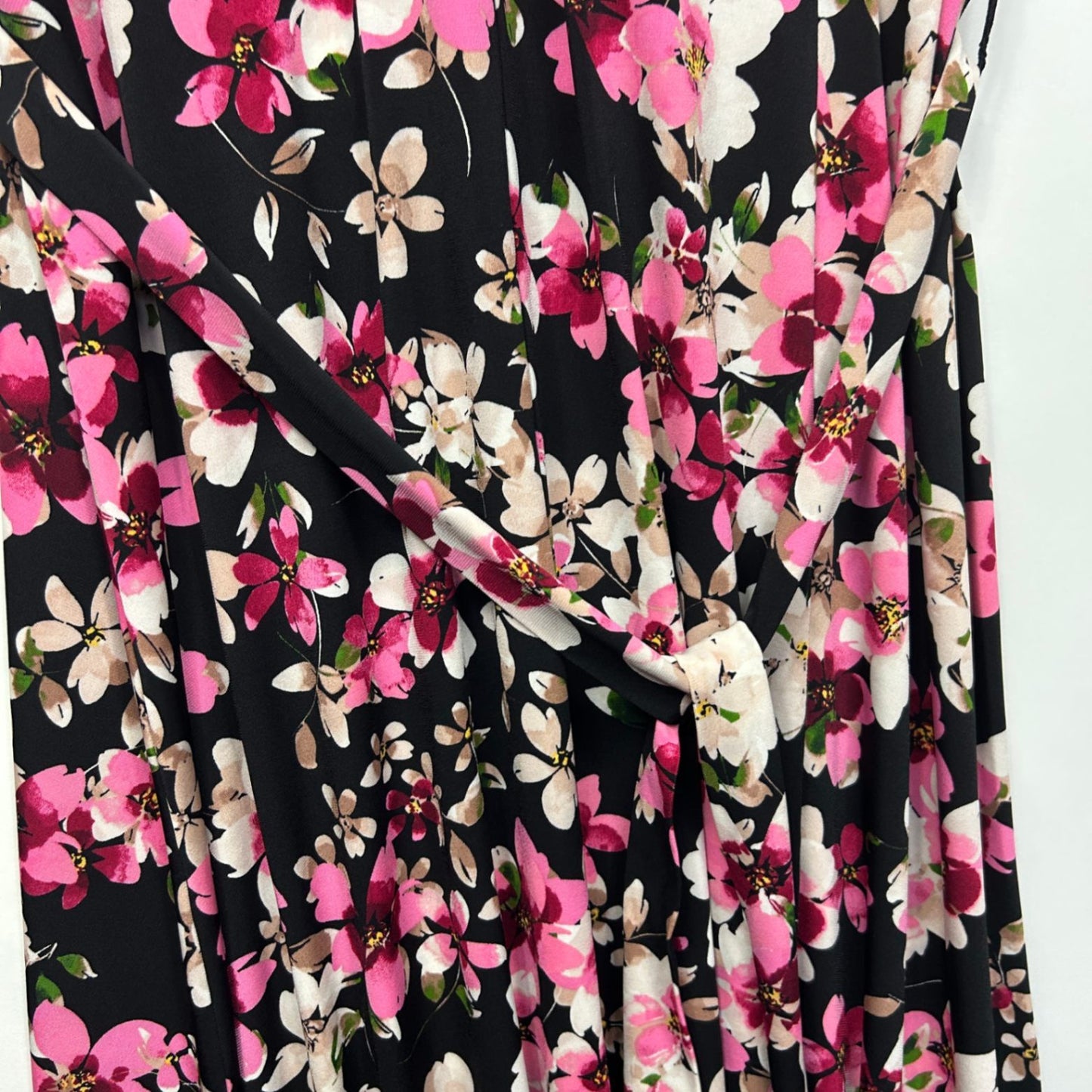 Jacqui E Dress Size 16 XL Fit and Flare Midi Length Floral Multicoloured Stretch Black Pink