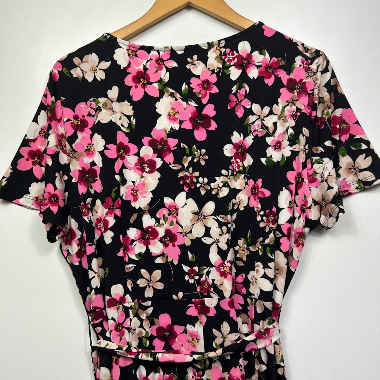 Jacqui E Dress Size 16 XL Fit and Flare Midi Length Floral Multicoloured Stretch Black Pink
