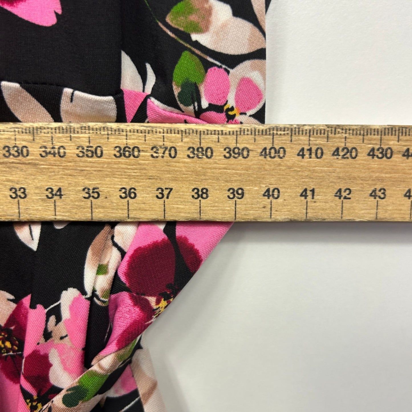 Jacqui E Dress Size 16 XL Fit and Flare Midi Length Floral Multicoloured Stretch Black Pink