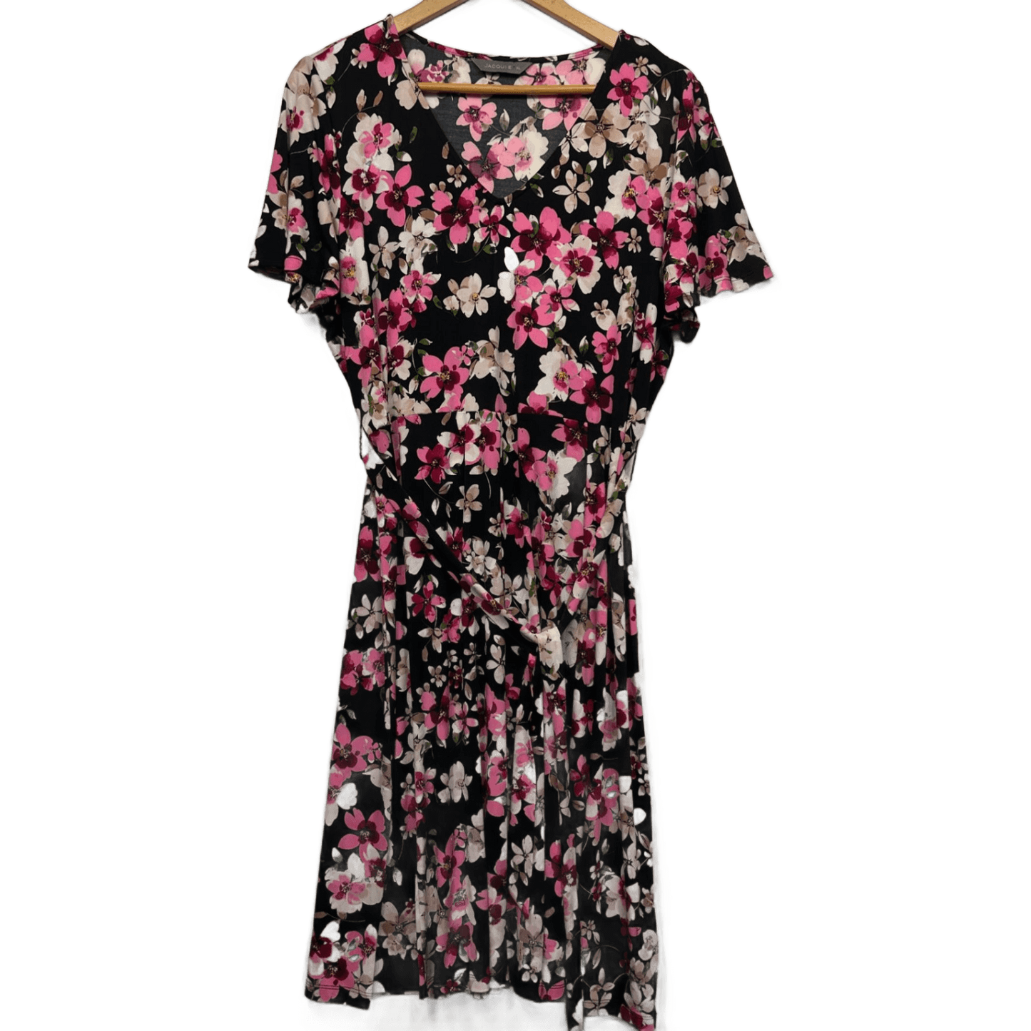 Jacqui E Dress Size 16 XL Fit and Flare Midi Length Floral Multicoloured Stretch Black Pink