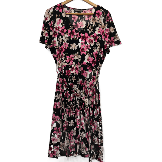 Jacqui E Dress Size 16 XL Fit and Flare Midi Length Floral Multicoloured Stretch Black Pink