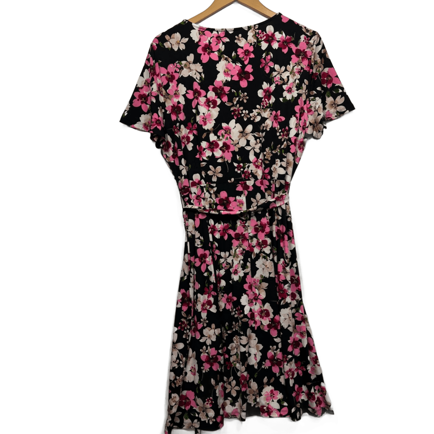 Jacqui E Dress Size 16 XL Fit and Flare Midi Length Floral Multicoloured Stretch Black Pink