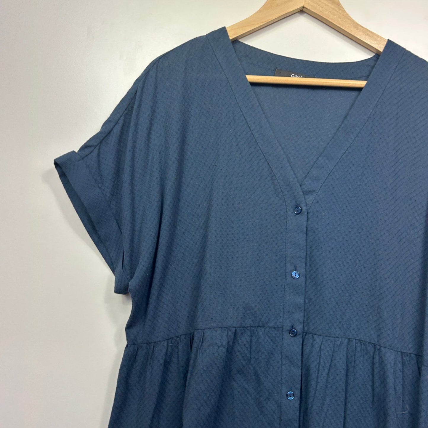 Sportsgirl Smock Dress Size 16 Blue Button up Cotton Short Sleeve