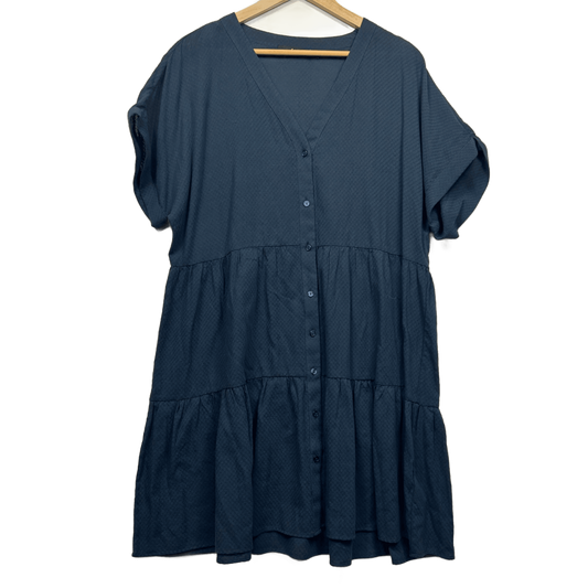 Sportsgirl Smock Dress Size 16 Blue Button up Cotton Short Sleeve