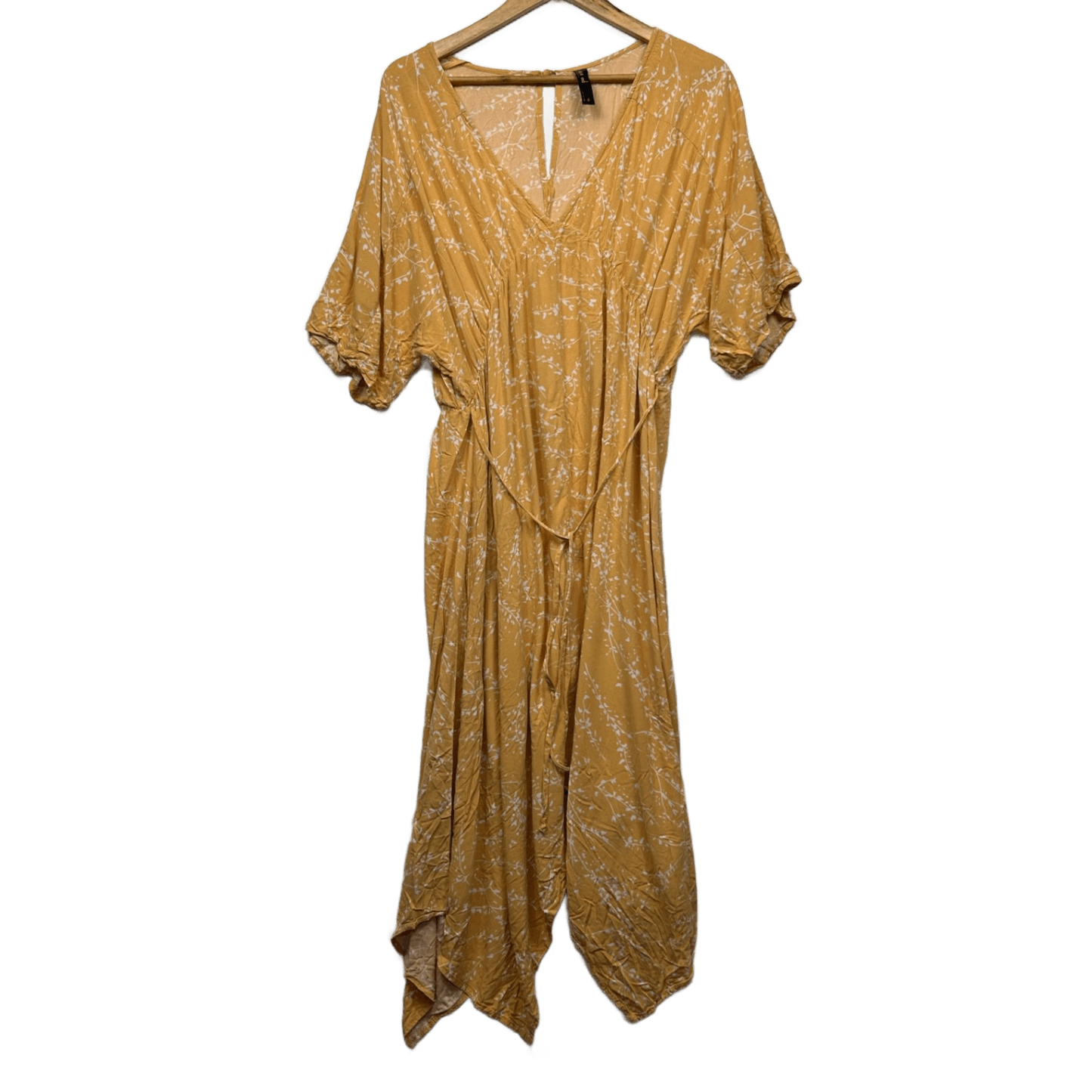 edited Boho Maxi Dress Size 16 Yellow Viscose Short Sleeve Belted