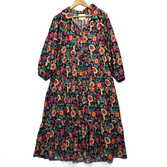 She Street Maxi Dress Size 14 16 Multicoloured Floral Pockets Long Sleeve Flowy