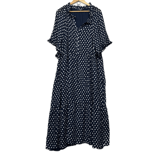 Autograph Maxi Dress Size 26 Navy Polka Dots Short Sleeve Pockets Lined Viscose Button Up